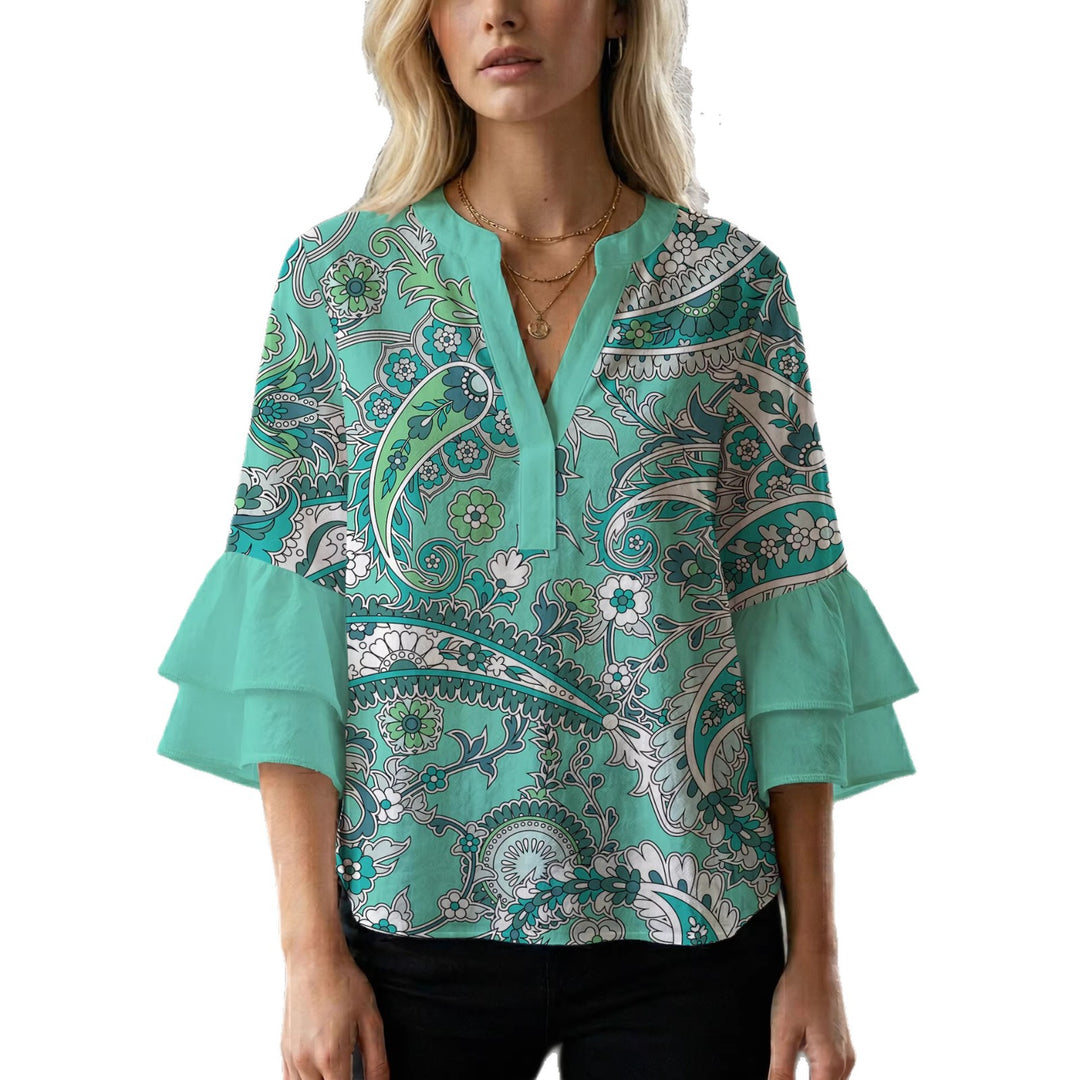 Damen elegantes Blusenshirt mit voluminösen Rüsenärmeln und grafischem Blumendesign R&B