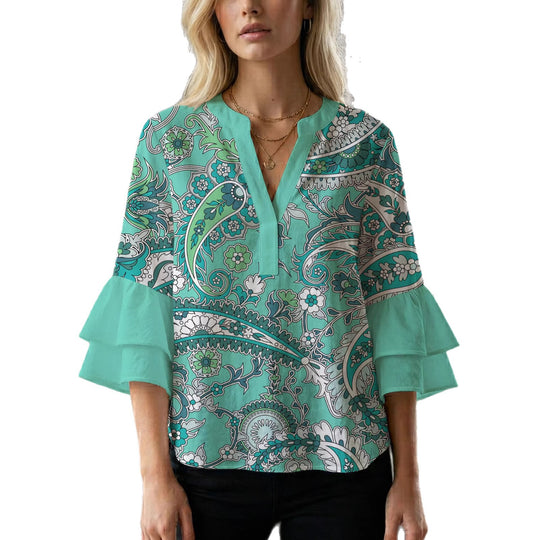 Damen elegantes Blusenshirt mit voluminösen Rüsenärmeln und grafischem Blumendesign R&B