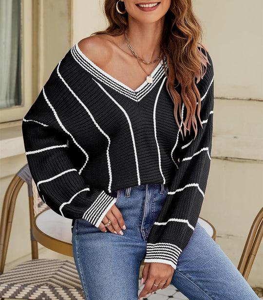 Damen lässiger V-Ausschnitt Pullover mit Streifenmuster R&B