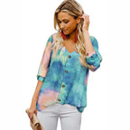 Damen Lässige Bluse mit buntem Farbverlauf und umschlagbaren Ärmel R&B