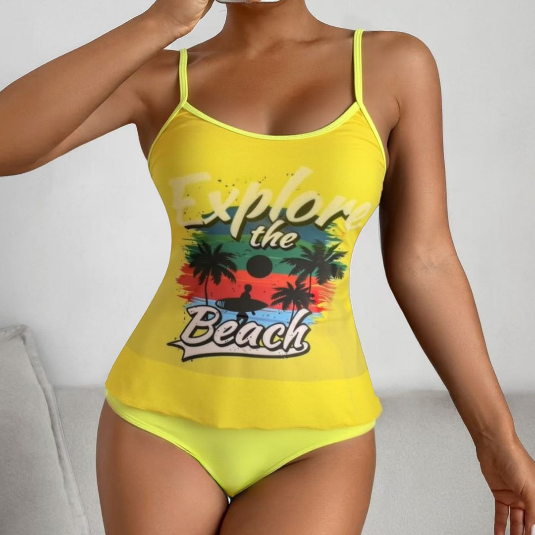 Damen Tankini-Set mit sportlichem Grafikdesign und hoch tailliertem Höschen R&B