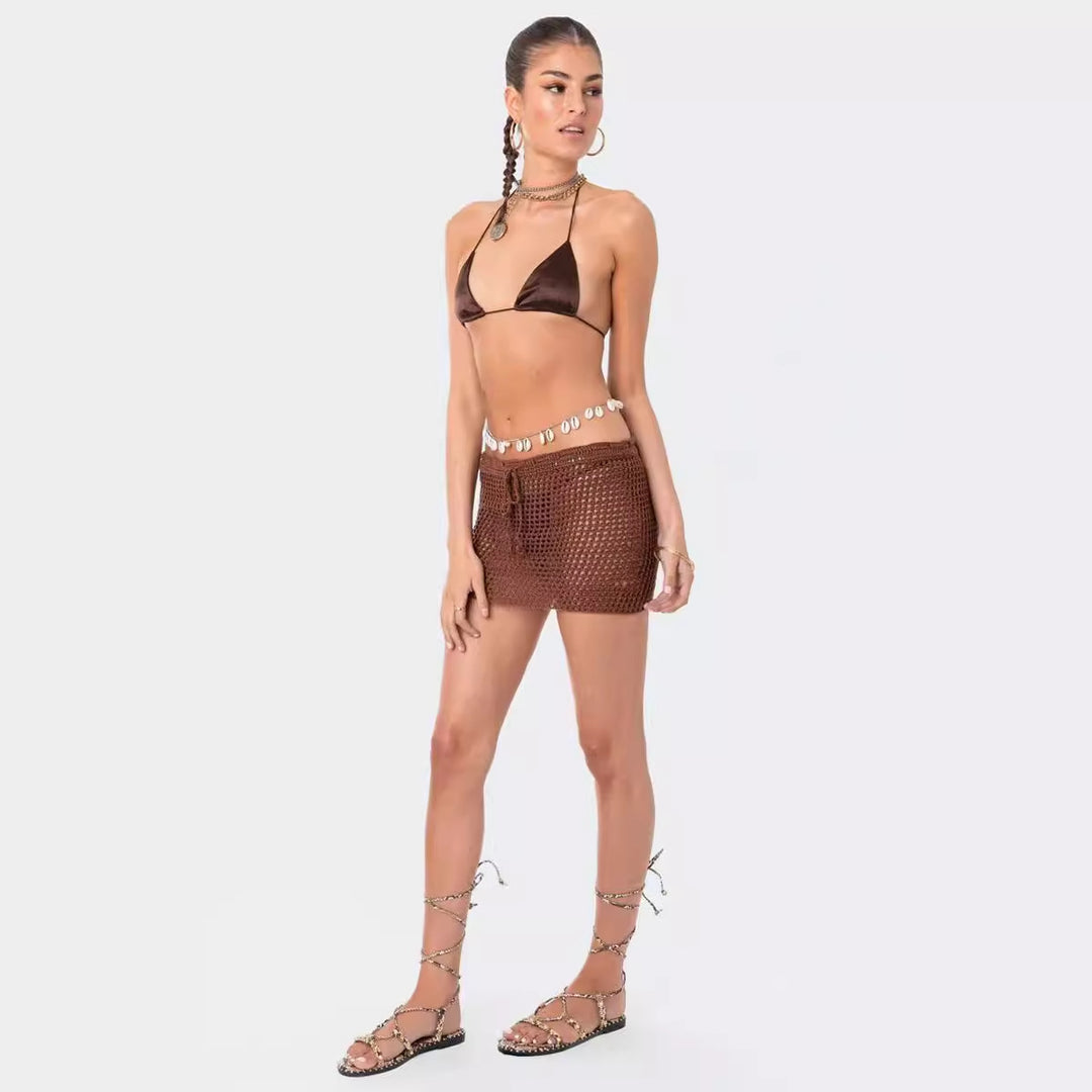Damen gehäkeltes Strand-Outfit mit verstellbarem Oberteil und Shorts R&B
