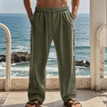 Herren nan entspannte Leinen-Relaxhose mit seitlicher Knopfleiste elastischem Bund und Eingrifftaschen R&B