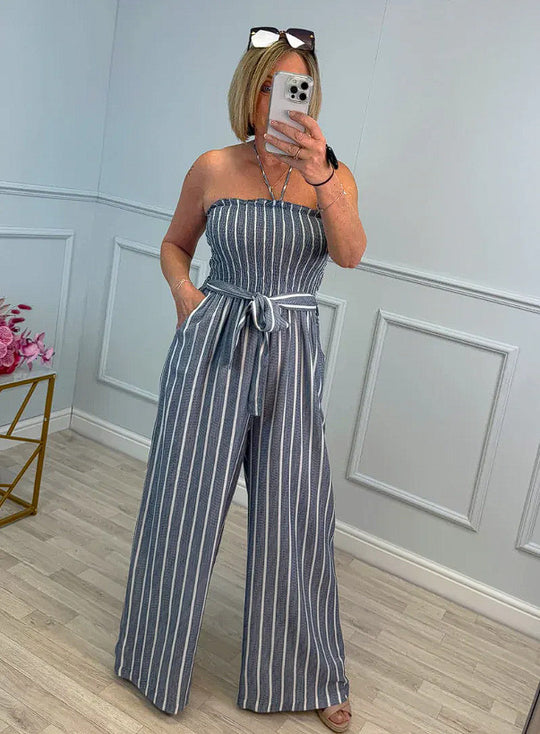 Damen Bandeau Jumpsuit mit weitem Bein und Bindegürtel R&B