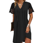 Damen nan leichtes Sommerkleid mit gezacktem V-Ausschnitt Ajourärmeln und geschwungenem Saum R&B