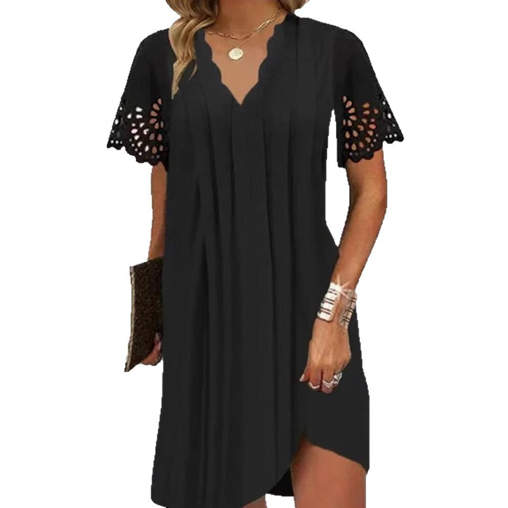 Damen nan leichtes Sommerkleid mit gezacktem V-Ausschnitt Ajourärmeln und geschwungenem Saum R&B