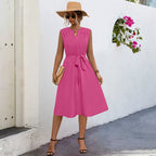 Damen Midi-Kleid mit elegantem Taillengürtel und modischem Faltenrock R&B