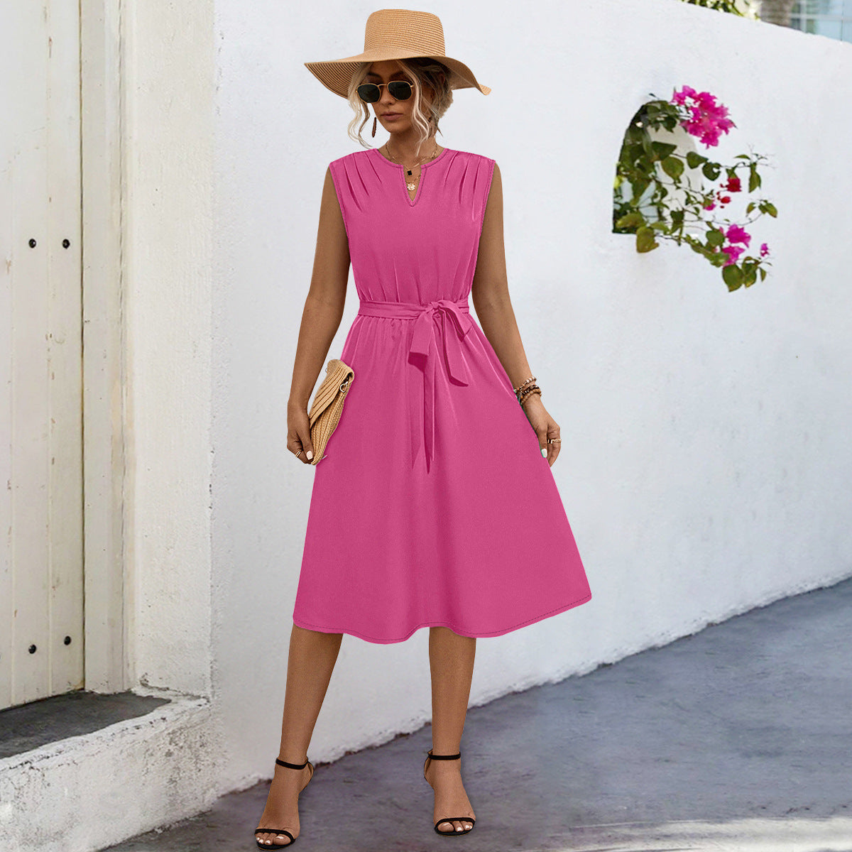 Damen Midi-Kleid mit elegantem Taillengürtel und modischem Faltenrock R&B