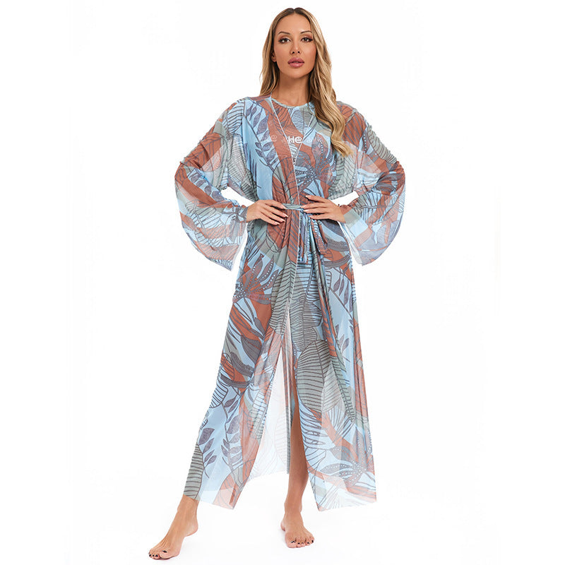 Damen eleganter transparenter Strandkimono mit floralem Design R&B