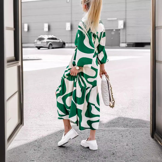 Damen Maxikleid mit modernem Muster und praktischem Taillengürtel R&B