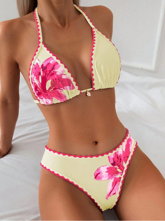 Damen Triangel-Bikini mit floralen Akzenten und hohem Schnitt R&B