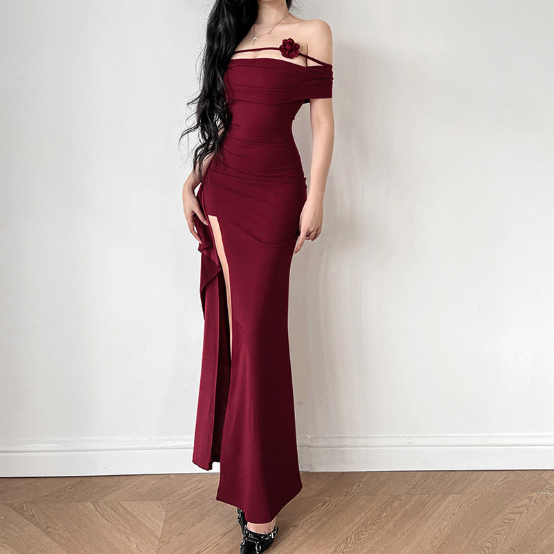 Damen elegantes Off-Shoulder-Maxikleid mit raffiniertem Schnitt und floralen Akzenten R&B