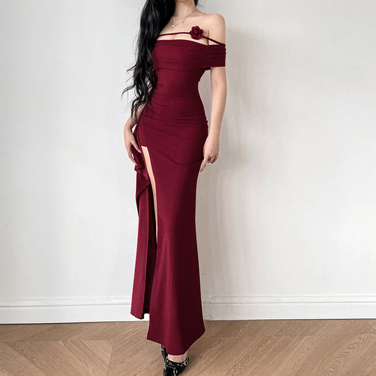 Damen elegantes Off-Shoulder-Maxikleid mit raffiniertem Schnitt und floralen Akzenten R&B