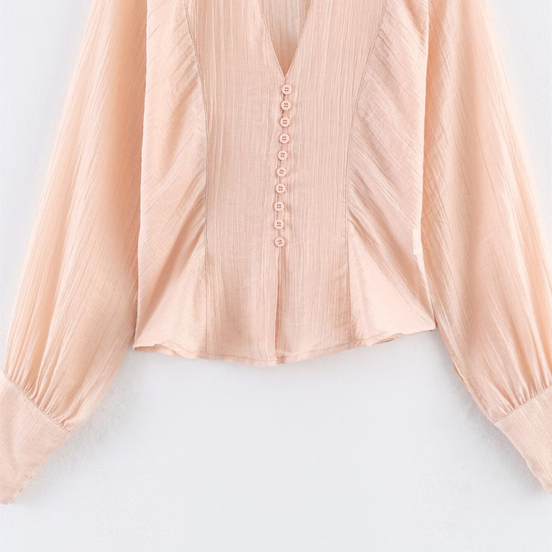 Damen elegante Bluse mit tiefem V-Ausschnitt und strukturierten Ärmeln R&B
