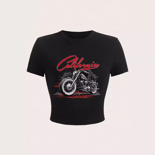 Damen Kurzarm T-Shirt mit auffälligem Motorrad-Design R&B