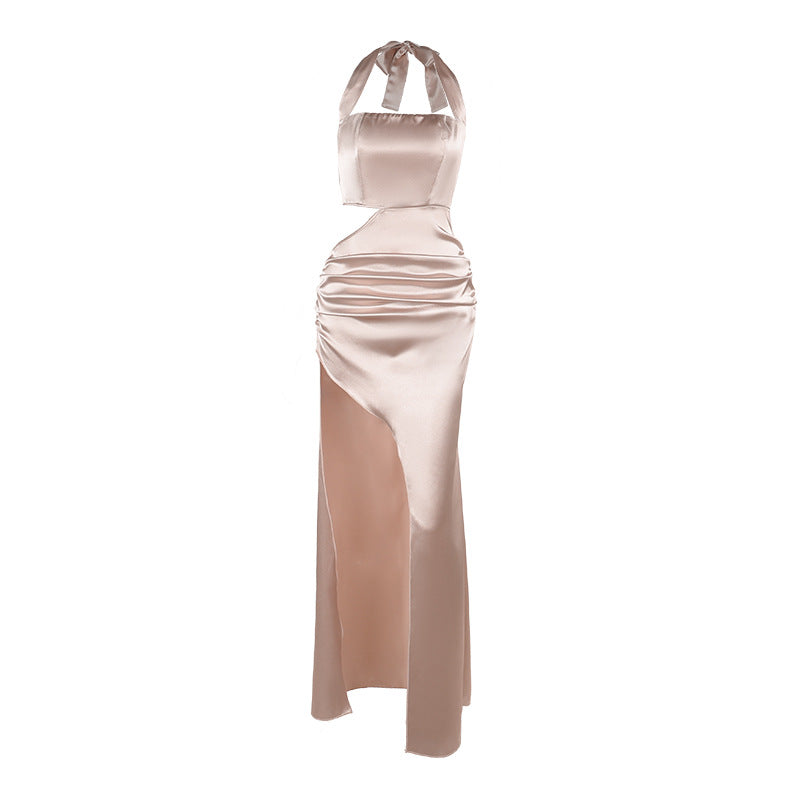 Damen elegantes Halter-Maxikleid mit Drapierungen und hohem Schlitz R&B