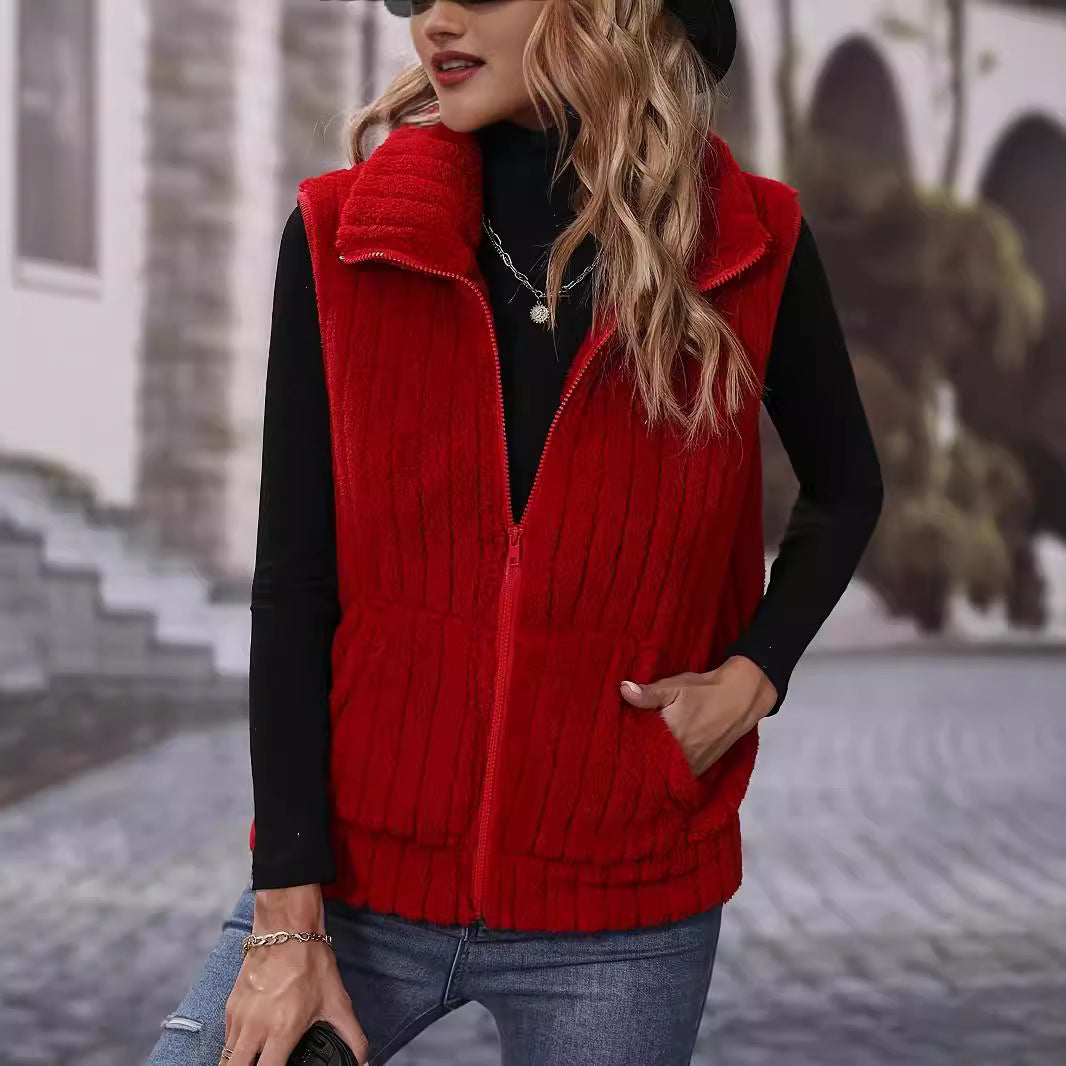 Damen Flauschige Weste mit Karomuster und Taschen R&B