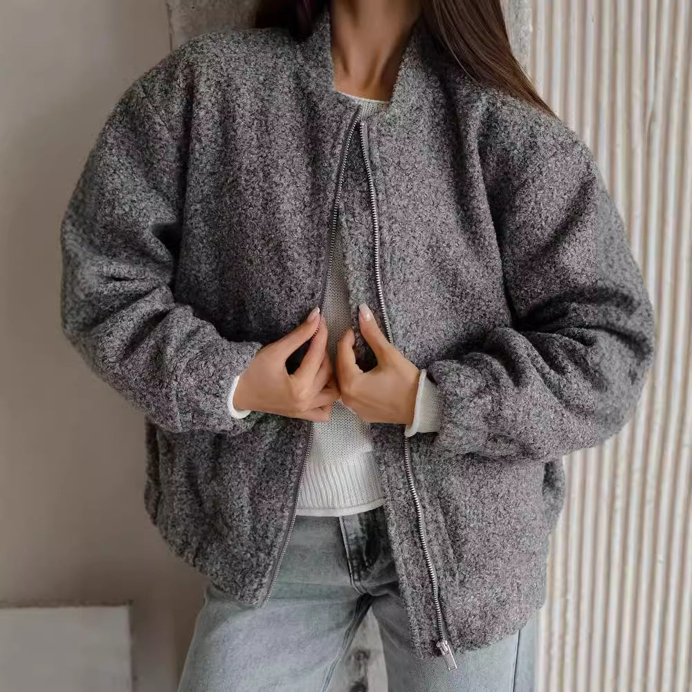 Damen Modische Bomberjacke aus weichem Wollmix mit Extragroßen Ärmeln R&B