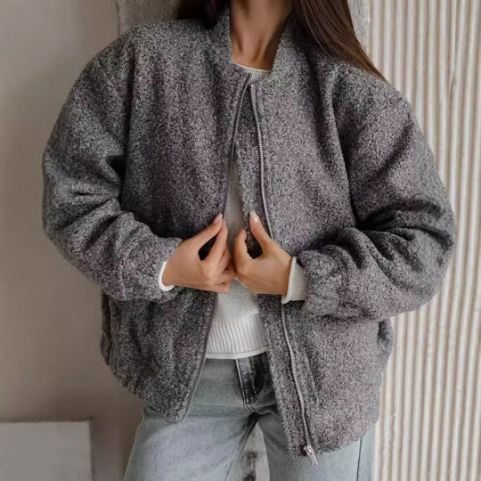Damen Modische Bomberjacke aus weichem Wollmix mit Extragroßen Ärmeln R&B