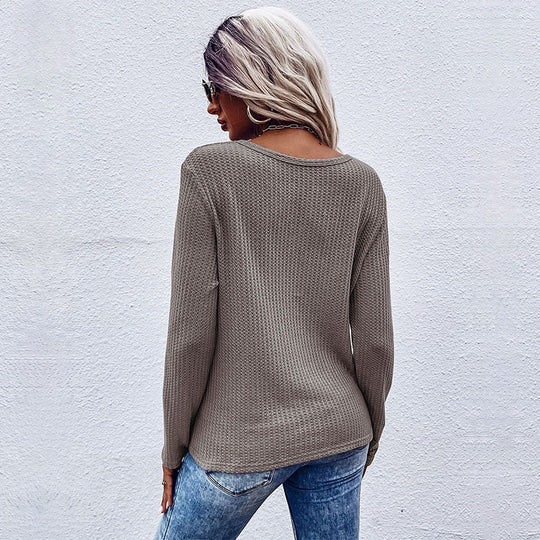 Damen lässiger V-Ausschnitt Pullover mit Knopfdetails und Knotendesign R&B