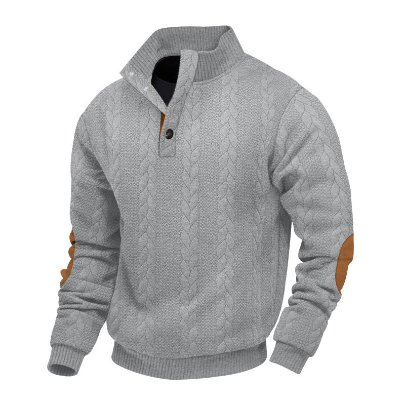 Herren nan Zopfmuster-Pullover mit Stehkragen, halber Knopfleiste und Ellbogenpatches R&B