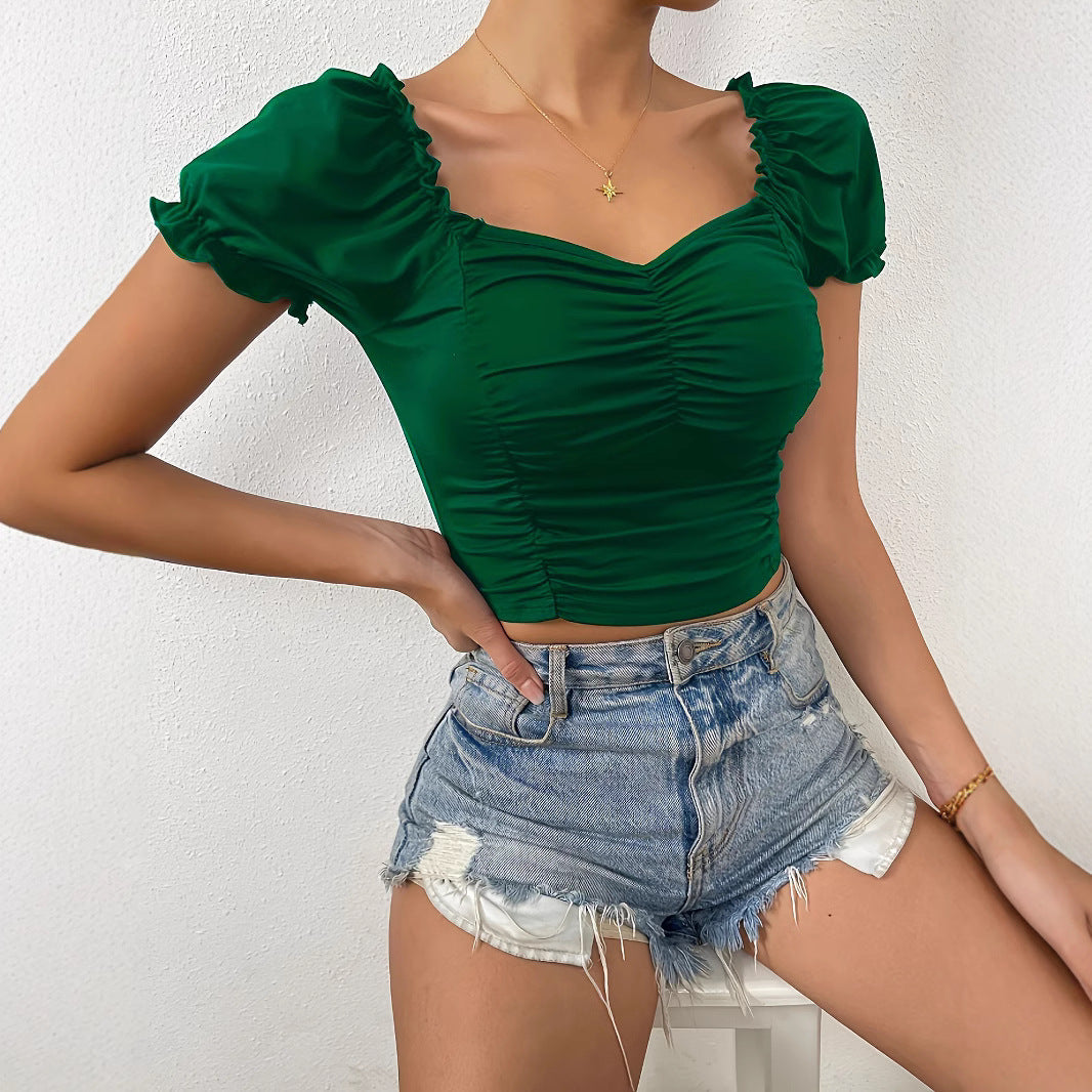 Damen figurbetontes Crop-Top mit Puffärmeln und Raffung R&B