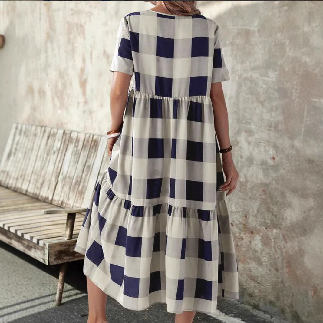 Damen Langarmkleid mit modischem Karomuster und fließendem Schnitt R&B