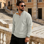 Herren nan fein gerippter Strickpullover mit Polokragen Knopfleiste und Ellenbogenbesatz R&B