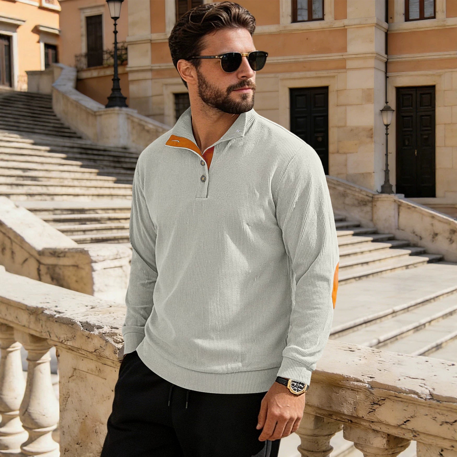 Herren nan fein gerippter Strickpullover mit Polokragen Knopfleiste und Ellenbogenbesatz R&B