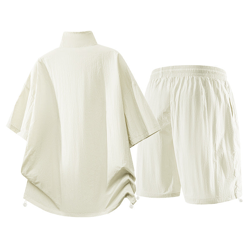 Herren nan oversized sportliches Freizeit-Set mit Halbzip, Stehkragen und elastischen Cargo-Shorts R&B
