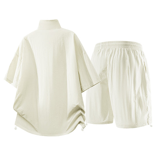 Herren nan oversized sportliches Freizeit-Set mit Halbzip, Stehkragen und elastischen Cargo-Shorts R&B