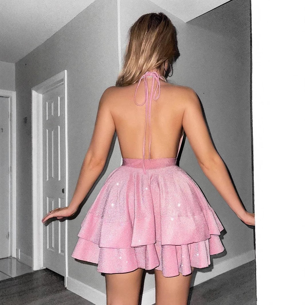 Damen Verspielt Glamouröses Minikleid mit tiefem V-Ausschnitt und schwingendem Rock R&B