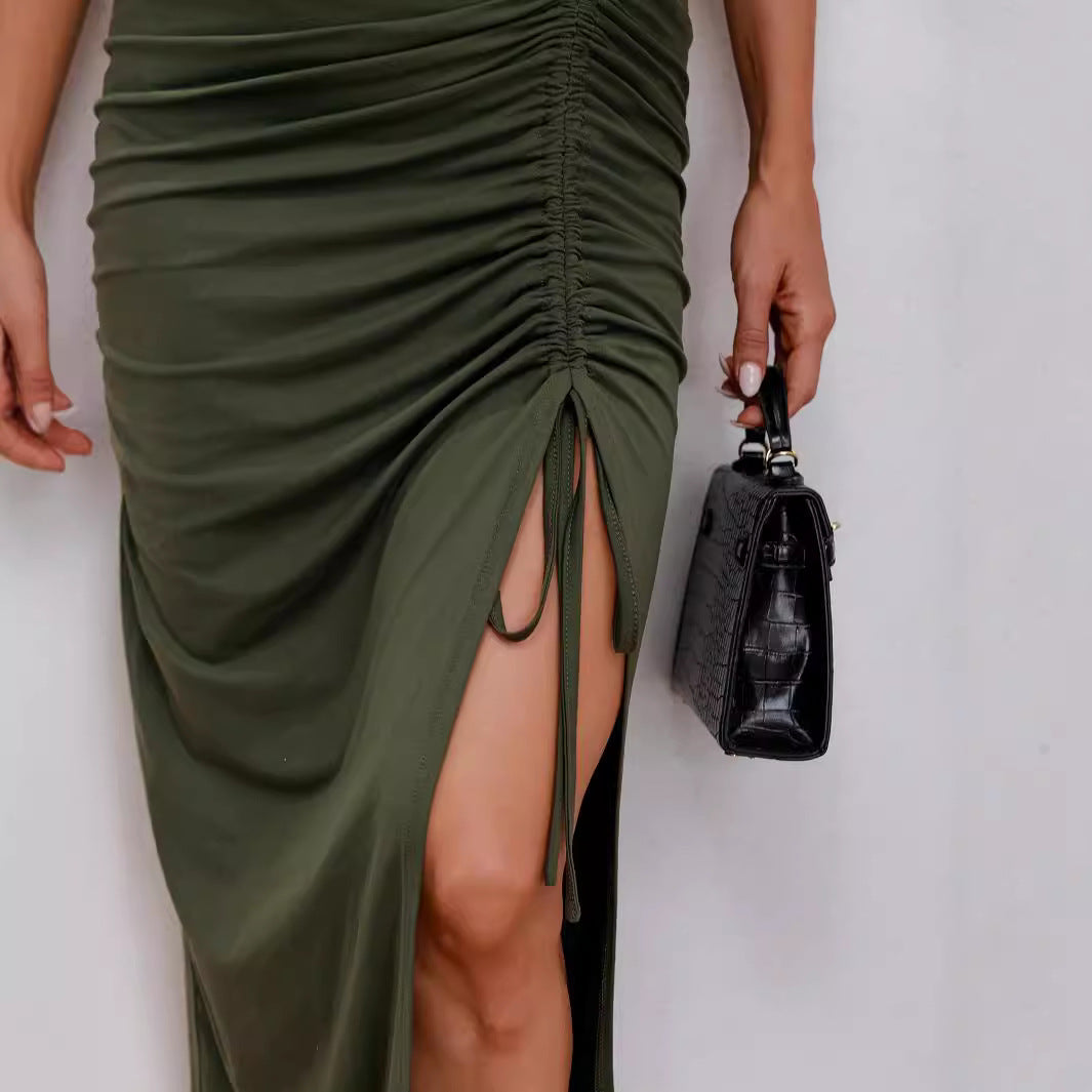 Damen ärmelloses Kleid mit dekorativen Knopf-Details und Raffungen R&B