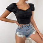 Damen figurbetontes Crop-Top mit Puffärmeln und Raffung R&B