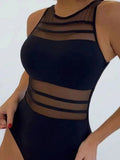 Damen Einteiler Badeanzug mit transparenten Mesh-Einsätzen R&B