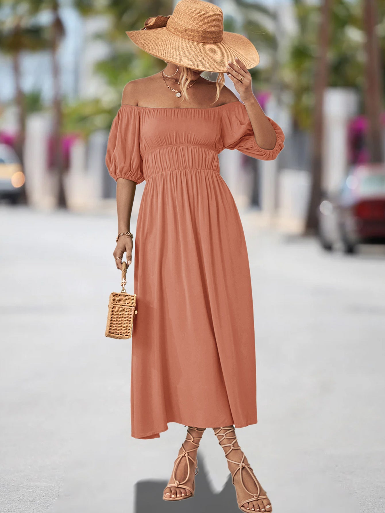 Damen Off-Shoulder Maxikleid mit voluminösen Puffärmeln und elastischem Taillenband R&B