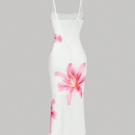 Damen sommerliches Blumenkleid mit feinen Spaghetti-Trägern und fließendem Schnitt R&B