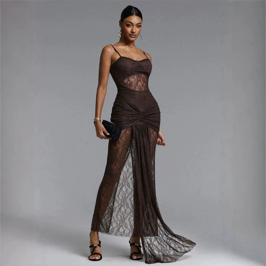 Damen Elegantes Spitzenmaxikleid mit raffinierter Drapierung R&B