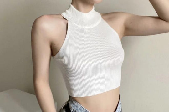 Damen Crop-Top mit hohem Kragen und Rippstruktur R&B