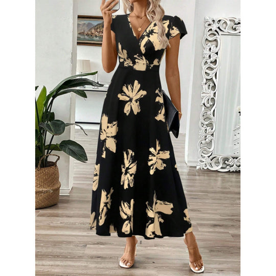 Damen Langarm-Maxikleid mit floralem Design und elegantem V-Ausschnitt R&B