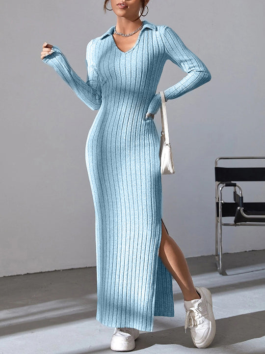 Damen Langarm Maxikleid mit V-Ausschnitt und seitlichem Schlitz R&B