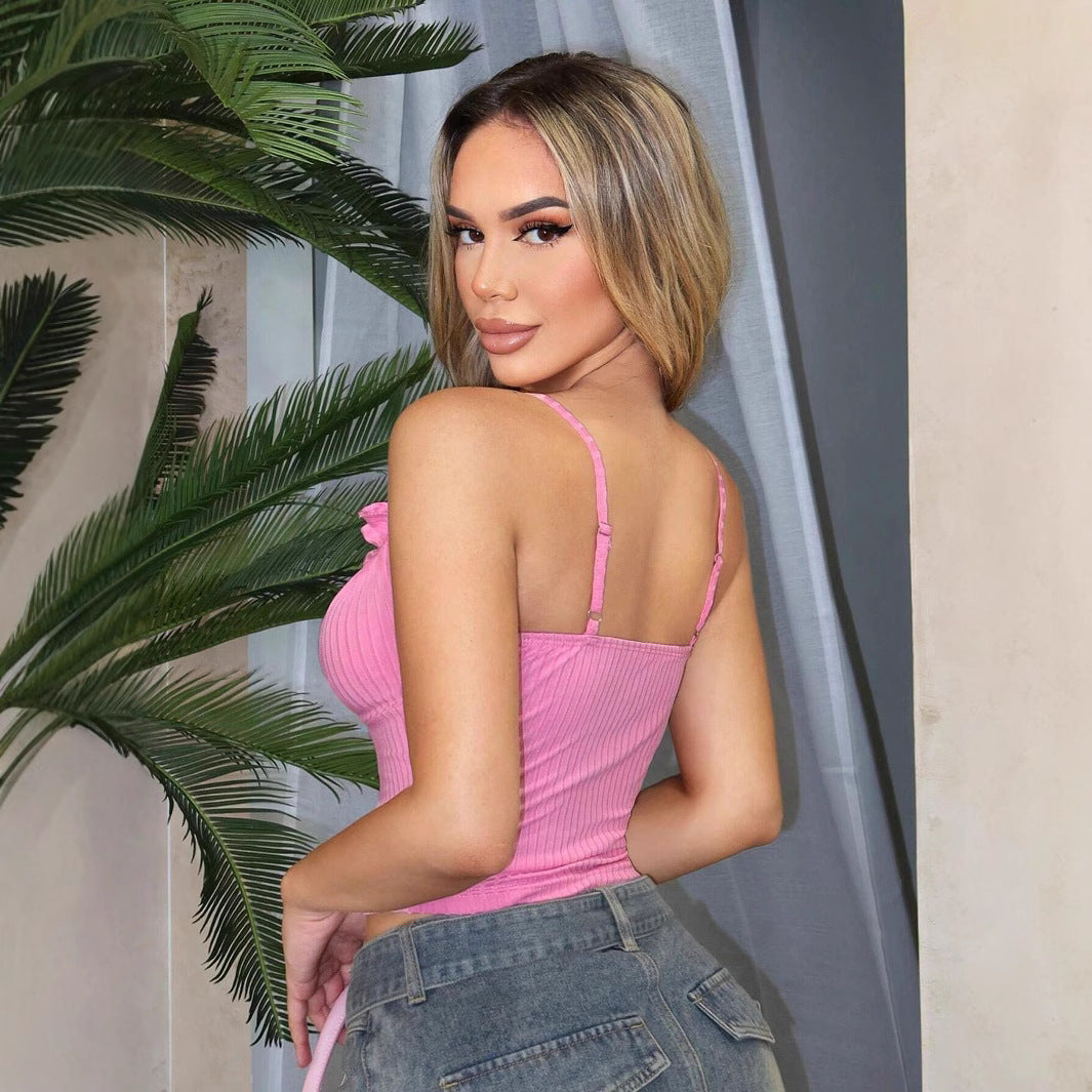 Damen Crop-Top mit verspieltem Rüscheneinsatz und tiefem Ausschnitt R&B