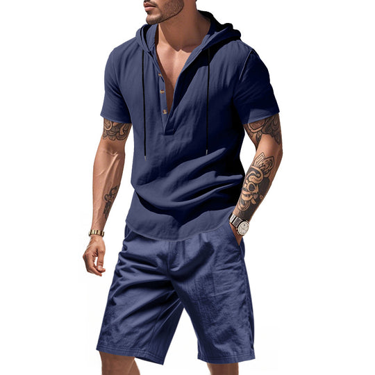 Herren lässiges Kurzarmhemd mit Kapuze und Shorts R&B