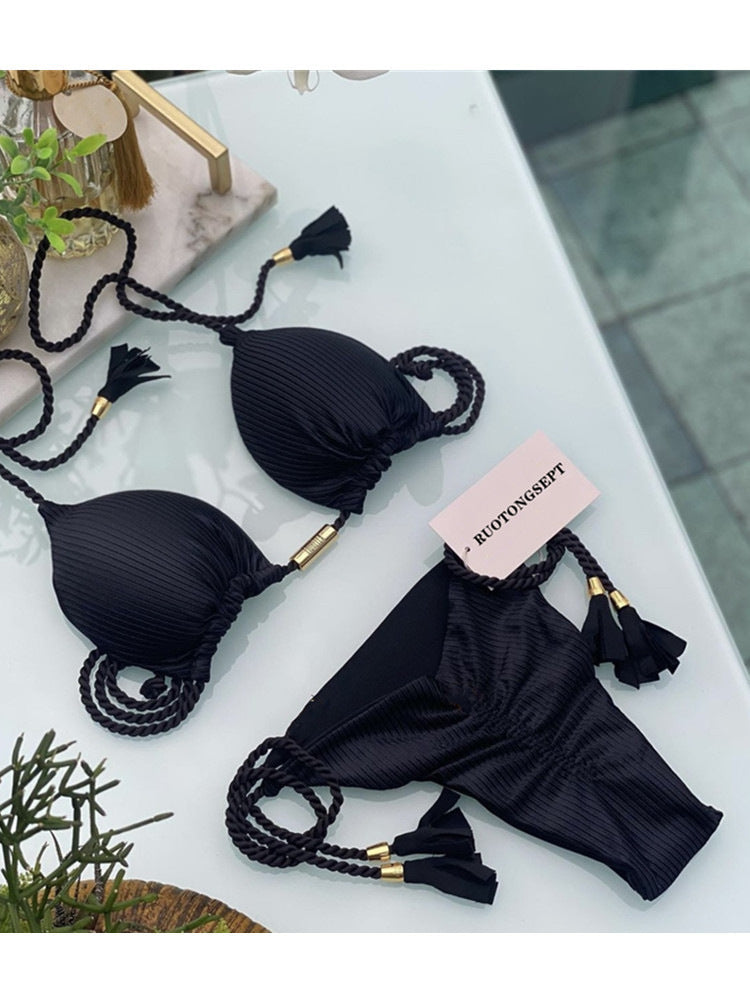 Damen Triangel-Bikini mit modischem Leopardenmuster und dekorativen Quasten R&B