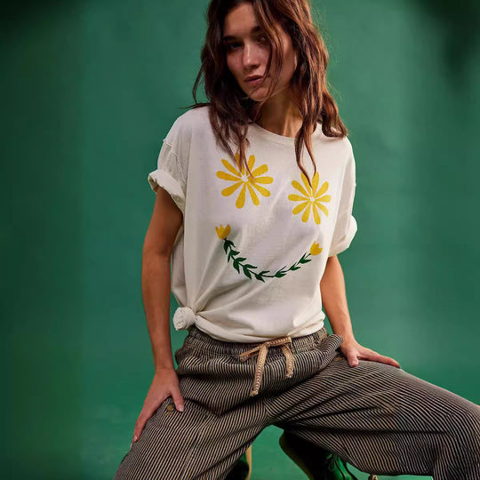 Damen lässiges T-Shirt mit floralem Smiley-Druck und Oversized-Schnitt R&B