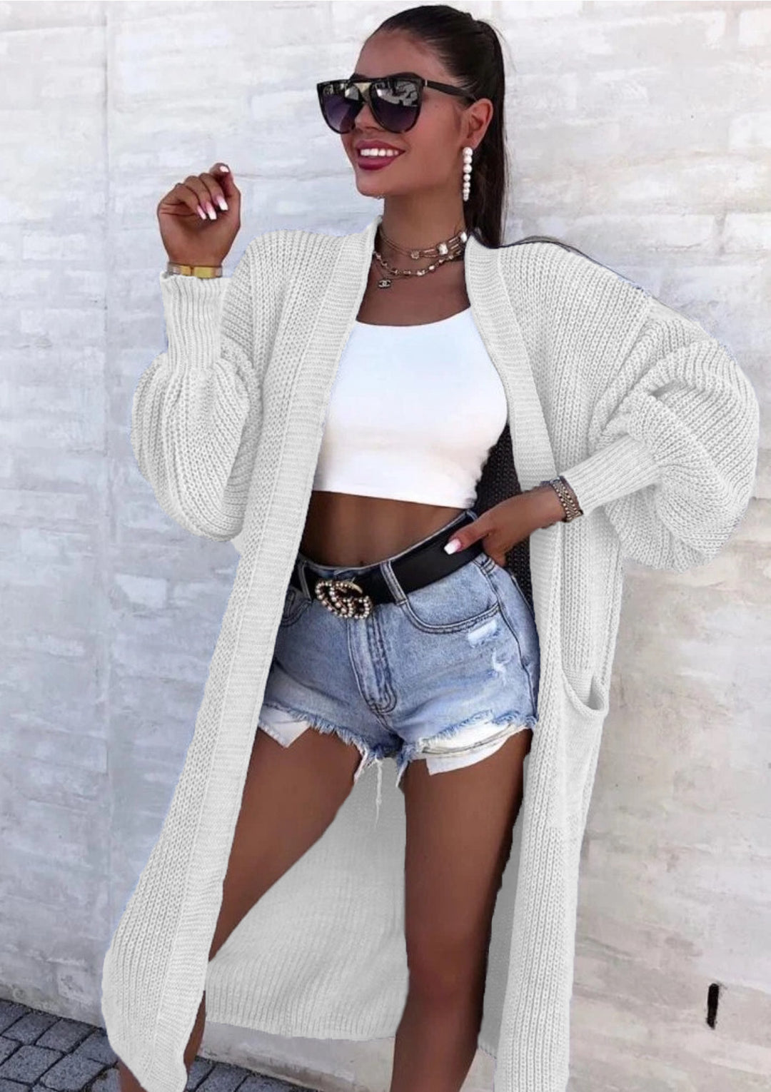 Damen lässiger Strickkarte mit tiefem V-Ausschnitt und großzügigen Taschen R&B