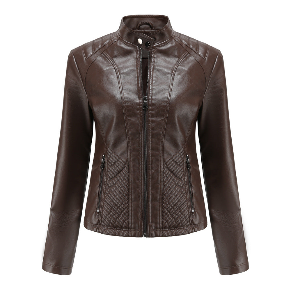 Damen nan taillierte Kunstlederjacke im Bikerstil mit Stehkragen und gesteppter Seitenpartie R&B