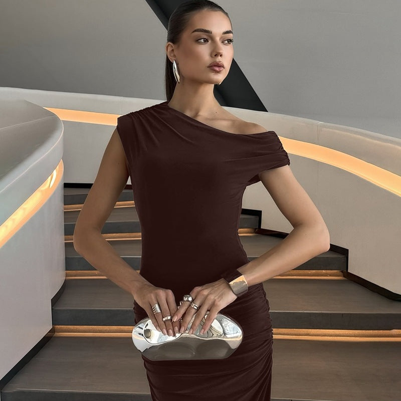 Damen Elegantes Maxikleid mit asymmetrischem Ausschnitt und Raffungen R&B