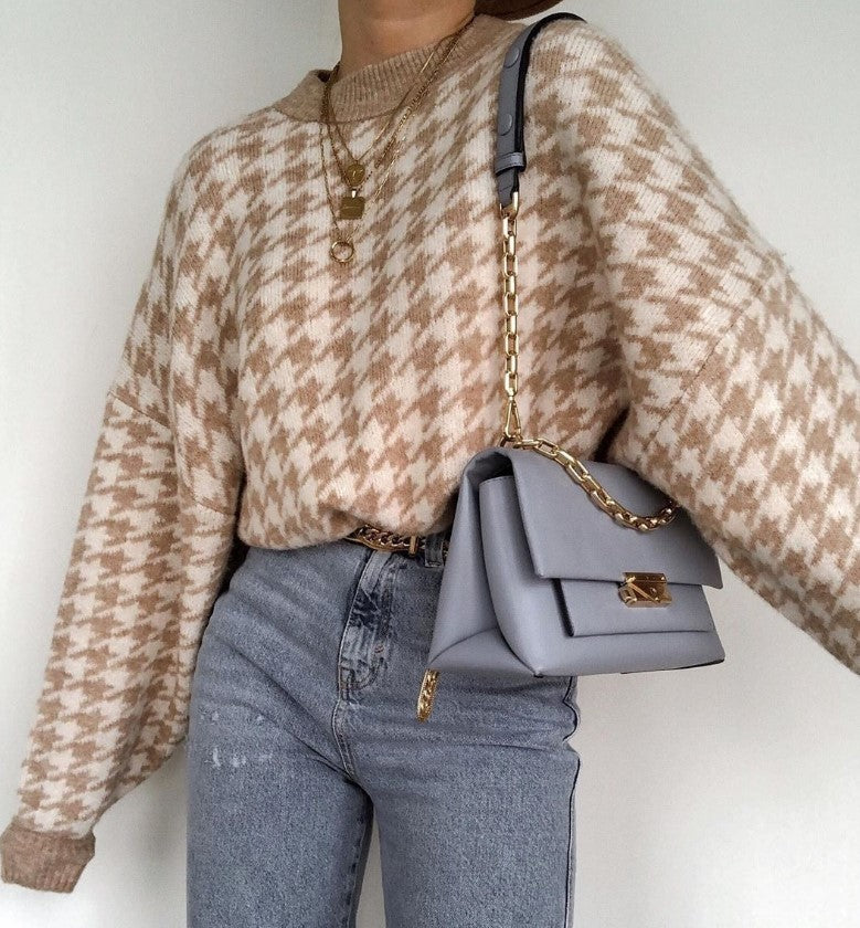 Damen Grobstrickpullover mit modernem Hahnentrittmuster und lässigem Schnitt R&B