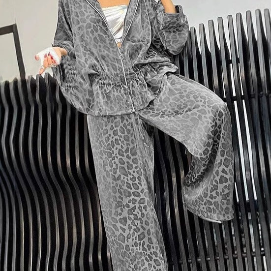 Damen lässiger Jumpsuit mit modischem Leopardenmuster und weitem Schnitt R&B
